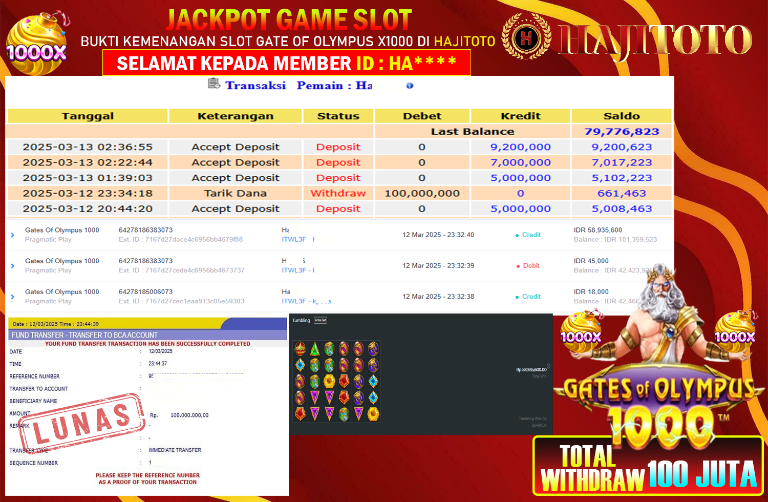 SELAMAT KEPADA PEMENANG MEMBER MERAIH JACKPOT DI GAME SLOT GATE OF OLYMPUS X1000 TOTAL RP 100.000.000 DI BAYAR LUNAS